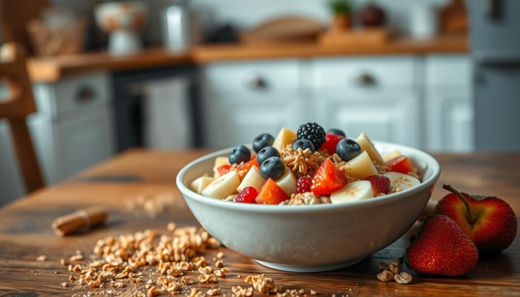 A beautiful bowl of oatmeal topped with an assortment of colorful fruits, including sliced bananas, fresh berries, and diced apples, depicts a wholesome breakfast. Surrounding the bowl, scattered cinnamon and nutmeg add a warm spice accent, while crunchy granola clusters rest beside it, enhancing the texture and visual appeal. The setting is a rustic wooden table, softly lit by natural light to create a warm, inviting atmosphere. In the background, a blurred glimpse of a cozy kitchen can be seen, adding to the homely feel. The focus is sharp on the colorful toppings, showcasing the vivid textures and freshness, evoking a sense of health and indulgence.