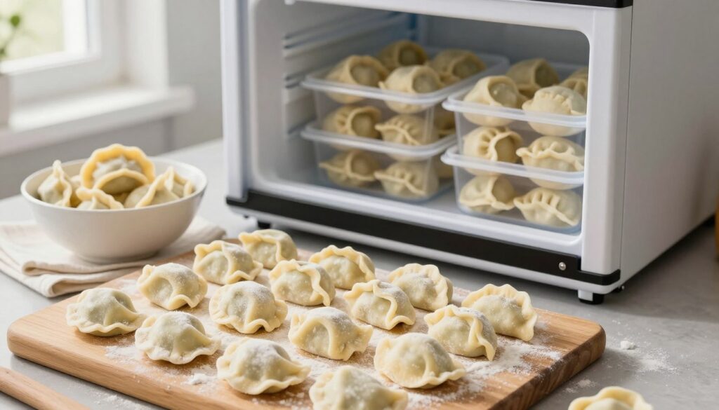 A beautiful kitchen setting showcasing the process of freezing pierogi. In the foreground, a wooden cutting board displays freshly made raw pierogi, some slightly dusted with flour, alongside a bowl of blanched pierogi cooling on a dish towel. A sleek freezer can be seen in the background, slightly ajar, with a glimpse of neatly stacked containers filled with frozen cooked pierogi. Soft, natural light filters through a nearby window, casting gentle shadows that enhance the texture of the dough. The atmosphere feels cozy and inviting, emphasizing the warmth of home cooking and the anticipation of enjoying these dumplings later. Capture this scene from a slightly elevated angle to encompass the details of each element vividly.