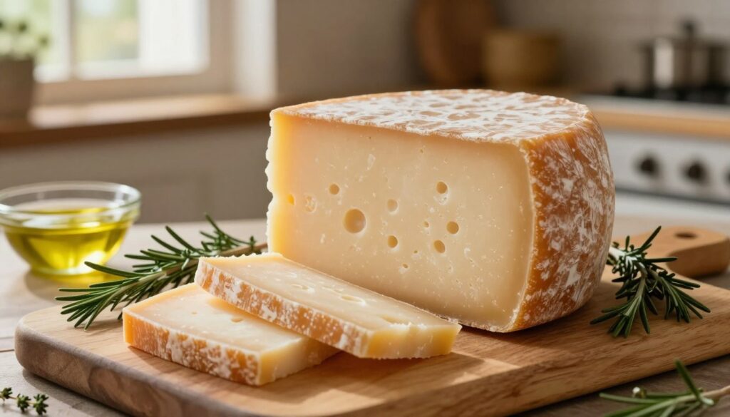 A beautifully aged wheel of Parmesan cheese resting on a wooden cutting board, sliced to reveal its rich, granular texture. Surround the cheese with fresh herbs like rosemary and thyme, enhancing the sense of flavor. In the background, a rustic kitchen with warm, inviting lighting filtered through a window, casting soft shadows. A small bowl of olive oil sits nearby, hinting at culinary uses. Capture the scene from a slightly elevated angle, emphasizing the cheese as the focal point. The atmosphere should feel cozy and homey, evoking a sense of tradition and care in cheese storage. Ensure the image is vibrant and appetizing, showcasing the rich colors of the cheese and herbs. A beautifully aged wheel of Parmesan cheese resting on a wooden cutting board, sliced to reveal its rich, granular texture. Surround the cheese with fresh herbs like rosemary and thyme, enhancing the sense of flavor. In the background, a rustic kitchen with warm, inviting lighting filtered through a window, casting soft shadows. A small bowl of olive oil sits nearby, hinting at culinary uses. Capture the scene from a slightly elevated angle, emphasizing the cheese as the focal point. The atmosphere should feel cozy and homey, evoking a sense of tradition and care in cheese storage. Ensure the image is vibrant and appetizing, showcasing the rich colors of the cheese and herbs.