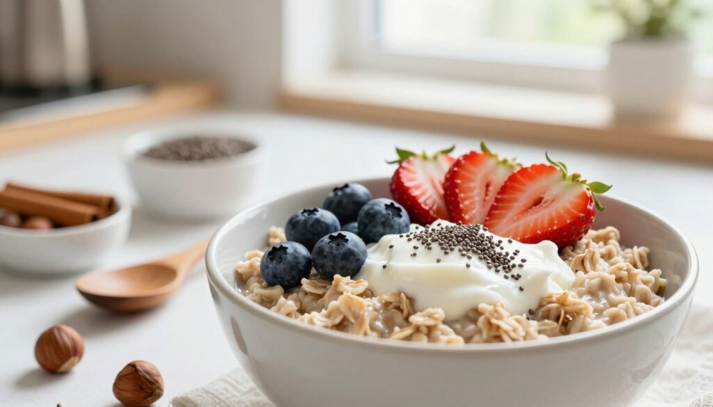 A beautifully arranged bowl of oatmeal, topped with low-calorie and filling ingredients to promote weight loss. In the foreground, the bowl showcases fresh berries like strawberries and blueberries, a sprinkling of chia seeds, and a dollop of Greek yogurt. In the middle, a wooden spoon rests beside the bowl, while hazelnuts and a small dish of cinnamon are artistically placed. In the background, a soft, bright kitchen setting with natural light streaming through a window, creating a warm and inviting atmosphere. The scene embodies a sense of health and wellness, emphasizing a balanced diet. The focus is sharp on the oatmeal and toppings, with a gentle bokeh effect on the kitchen surroundings for added warmth.