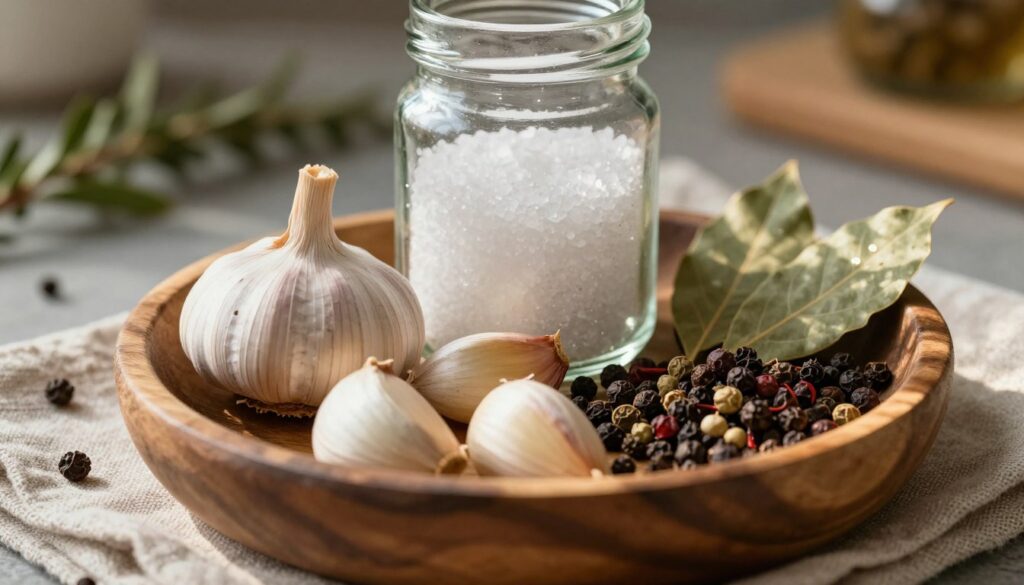 A beautifully arranged collection of spices for brine preparation, featuring whole garlic cloves, peppercorns, allspice berries, and bay leaves, displayed in a rustic wooden bowl on a textured linen cloth. The foreground highlights the vibrant colors and natural textures of the spices, with soft sunlight filtering through, creating warm highlights and gentle shadows. In the middle, a glass jar of coarse salt glistens, symbolizing a key ingredient for the brining process. The background is softly blurred, showing hints of a kitchen setting, with subtle herbs and spices scattered artistically. The mood conveys a sense of culinary warmth, inviting the viewer to explore the art of flavoring meat, fish, and vegetables in a wholesome, homey atmosphere.