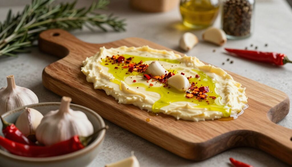 A beautifully arranged culinary scene featuring a small wooden cutting board adorned with a rich, creamy dish of melted butter infused with vibrant green olive oil. Freshly minced garlic cloves and fiery red chili flakes are artistically sprinkled on the top, adding texture and color. In the foreground, a rustic bowl contains whole garlic cloves and whole red chilies for contrast. Soft, warm light filters in from the side, creating gentle shadows that enhance the rich colors of the ingredients. The background features a soft-focus kitchen table setting with herbs and spices subtly arranged, evoking a cozy and inviting atmosphere perfect for a dinner gathering. Aim for an intimate and appetizing vibe that suggests flavor and warmth.
