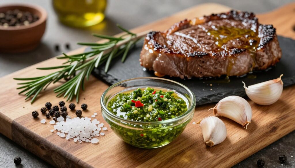 A beautifully arranged display of spices and marinades for seasoning a steak, showcasing a variety of ingredients like coarse sea salt, cracked black pepper, fresh rosemary sprigs, and garlic cloves, all artfully scattered on a rustic wooden cutting board. In the foreground, a small glass bowl holds a vibrant chimichurri sauce, highlighting its green color with flecks of red pepper. The middle ground features a juicy, perfectly cooked steak resting on a slate platter, glistening as if brushed with olive oil. The background is softly blurred, hinting at a warm kitchen ambiance with subtle lighting that emphasizes the textures of the spices and the mouthwatering appearance of the steak. The overall mood is inviting and appetizing, evoking a sense of culinary creativity and warmth. A beautifully arranged display of spices and marinades for seasoning a steak, showcasing a variety of ingredients like coarse sea salt, cracked black pepper, fresh rosemary sprigs, and garlic cloves, all artfully scattered on a rustic wooden cutting board. In the foreground, a small glass bowl holds a vibrant chimichurri sauce, highlighting its green color with flecks of red pepper. The middle ground features a juicy, perfectly cooked steak resting on a slate platter, glistening as if brushed with olive oil. The background is softly blurred, hinting at a warm kitchen ambiance with subtle lighting that emphasizes the textures of the spices and the mouthwatering appearance of the steak. The overall mood is inviting and appetizing, evoking a sense of culinary creativity and warmth.