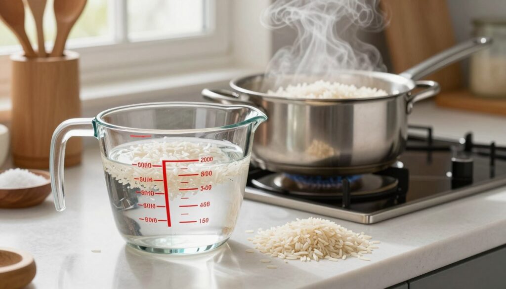 A beautifully arranged kitchen counter featuring a glass measuring cup filled with water, emphasizing the precise proportions for cooking basmati rice. In the foreground, the measuring cup shows clear markings in both liters and cups, with a small pile of uncooked basmati rice nearby. The middle ground reveals a stainless steel saucepan with rice simmering gently, steam rising in soft tendrils. The background includes a cozy kitchen setting with warm, natural light filtering through a window, highlighting wooden kitchen utensils and a bowl of salt. The overall mood is inviting and educational, perfect for showcasing the importance of water-to-rice ratios in cooking, specifically for basmati rice. The image should be bright, clean, and thoughtfully composed, without any text or distractions.