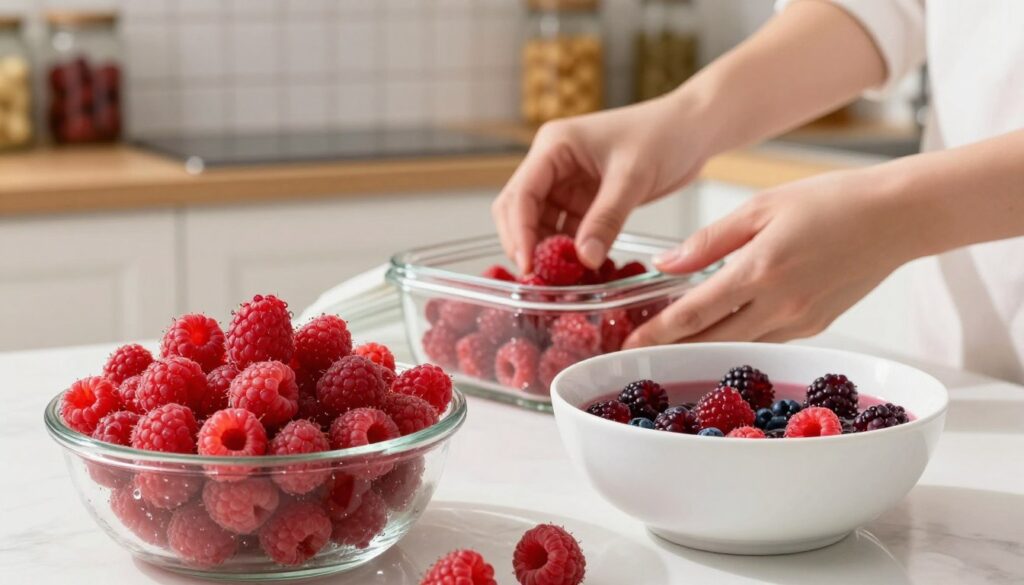 A beautifully arranged kitchen countertop showcasing the step-by-step process of storing raspberries. In the foreground, a vibrant, overflowing basket of fresh, plump raspberries glistens with drops of water, symbolizing freshness. Next to the basket, a clean, white bowl holds rinsed and dried berries, reflecting an inviting light. In the middle ground, gentle hands methodically place raspberries into a clear glass container, illustrating careful handling and attention to detail. The background features soft-focus kitchen elements, such as a stylish backsplash and wooden shelves with jars of fruits, creating a warm and homely atmosphere. The lighting is bright and natural, casting subtle shadows and highlighting the freshness of the fruit. The overall mood is one of calm and meticulous care, perfect for food preservation. A beautifully arranged kitchen countertop showcasing the step-by-step process of storing raspberries. In the foreground, a vibrant, overflowing basket of fresh, plump raspberries glistens with drops of water, symbolizing freshness. Next to the basket, a clean, white bowl holds rinsed and dried berries, reflecting an inviting light. In the middle ground, gentle hands methodically place raspberries into a clear glass container, illustrating careful handling and attention to detail. The background features soft-focus kitchen elements, such as a stylish backsplash and wooden shelves with jars of fruits, creating a warm and homely atmosphere. The lighting is bright and natural, casting subtle shadows and highlighting the freshness of the fruit. The overall mood is one of calm and meticulous care, perfect for food preservation.