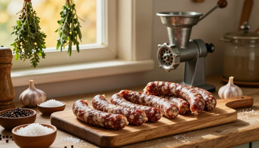 A beautifully arranged kitchen scene focusing on the art of sausage-making, featuring a wooden cutting board at the forefront, adorned with different types of sausages and neatly measured salt in small bowls. The middle ground showcases a rustic kitchen setting with hanging herbs and spices, a vintage meat grinder, and fresh ingredients like garlic and peppercorns, emphasizing the traditional methods of processing meat. In the background, warm golden light filters through a window, casting inviting shadows and creating a cozy ambiance. The atmosphere reflects a sense of craftsmanship and dedication to quality, making the viewer feel engaged in the culinary tradition of sausage preparation. The image should be vibrant, with rich textures and muted colors to evoke a warm and homely feel, highlighting the importance of salt in sausage-making.