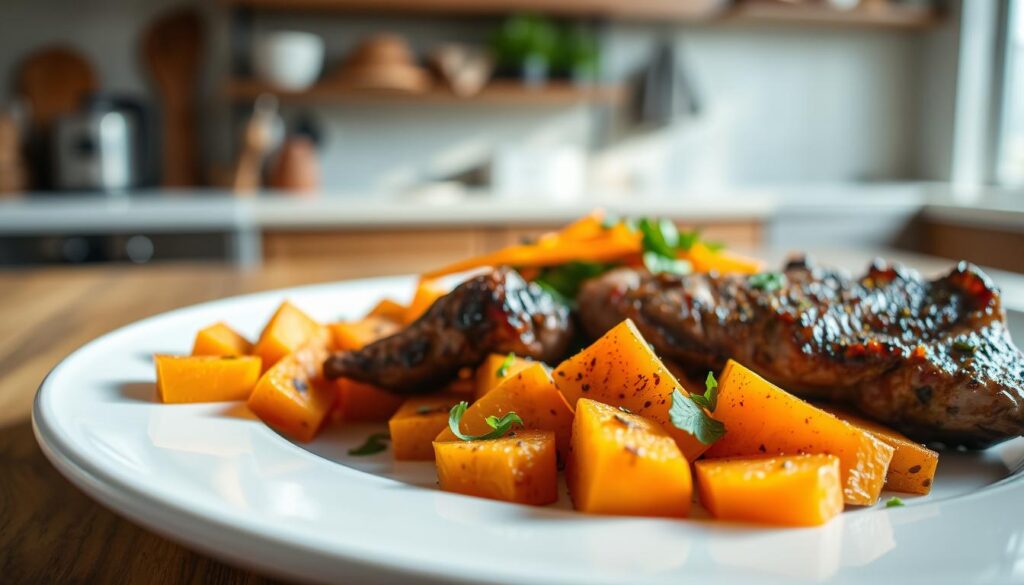 A beautifully arranged plate featuring roasted sweet potatoes and succulent, well-seasoned meat, such as grilled chicken or beef. The foreground highlights the vibrant orange hues of the sweet potatoes, artfully cut and garnished with fresh herbs. The meat is perfectly cooked, glistening with a rich marinade. In the middle ground, a sprinkle of colorful vegetables adds contrast, enhancing the dish's appeal. The background features a softly blurred kitchen setting, with natural light illuminating the scene, casting gentle shadows. The atmosphere is warm and inviting, ideal for a satisfying meal. Use a shallow depth of field to focus on the dish, emphasizing textures and colors, while keeping the background subtly blurred. A cozy, rustic dining table enhances the ambiance. A beautifully arranged plate featuring roasted sweet potatoes and succulent, well-seasoned meat, such as grilled chicken or beef. The foreground highlights the vibrant orange hues of the sweet potatoes, artfully cut and garnished with fresh herbs. The meat is perfectly cooked, glistening with a rich marinade. In the middle ground, a sprinkle of colorful vegetables adds contrast, enhancing the dish's appeal. The background features a softly blurred kitchen setting, with natural light illuminating the scene, casting gentle shadows. The atmosphere is warm and inviting, ideal for a satisfying meal. Use a shallow depth of field to focus on the dish, emphasizing textures and colors, while keeping the background subtly blurred. A cozy, rustic dining table enhances the ambiance.