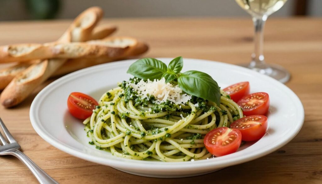 A beautifully arranged plate of al dente spaghetti, generously coated in vibrant green basil pesto, takes center stage. The pasta is topped with freshly grated Parmesan cheese and garnished with whole basil leaves for an aromatic touch. Surrounding the plate are a few rustic Italian breadsticks and halved cherry tomatoes, adding a pop of color and contrasting texture. In the background, a softly lit wooden table enhances the warm, inviting atmosphere, with a glass of white wine slightly blurred out to the side. Use natural, diffused lighting to create a cozy, appetizing mood, capturing the essence of classic Italian cuisine. The focus should be sharp on the pasta, while the background remains softly out of focus, lending depth to the image.