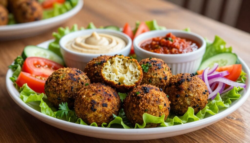 A beautifully arranged plate of falafel as the main dish, prominently featured in the foreground. The falafel balls are golden-brown, crispy on the outside and fluffy on the inside, placed atop a bed of fresh greens, including lettuce and parsley. Surrounding the falafel are colorful additions like diced tomatoes, cucumbers, and pickled onions that add contrast and freshness. In the middle ground, a small bowl of tahini sauce and a spicy harissa dip are elegantly presented, showcasing their textures. The background is softly blurred, hinting at a rustic wooden table setting with warm, natural lighting that creates an inviting atmosphere. The image should evoke a sense of comfort and appetite, captured from a slightly elevated angle to emphasize the delicious details and vibrant colors of this wholesome meal. A beautifully arranged plate of falafel as the main dish, prominently featured in the foreground. The falafel balls are golden-brown, crispy on the outside and fluffy on the inside, placed atop a bed of fresh greens, including lettuce and parsley. Surrounding the falafel are colorful additions like diced tomatoes, cucumbers, and pickled onions that add contrast and freshness. In the middle ground, a small bowl of tahini sauce and a spicy harissa dip are elegantly presented, showcasing their textures. The background is softly blurred, hinting at a rustic wooden table setting with warm, natural lighting that creates an inviting atmosphere. The image should evoke a sense of comfort and appetite, captured from a slightly elevated angle to emphasize the delicious details and vibrant colors of this wholesome meal.