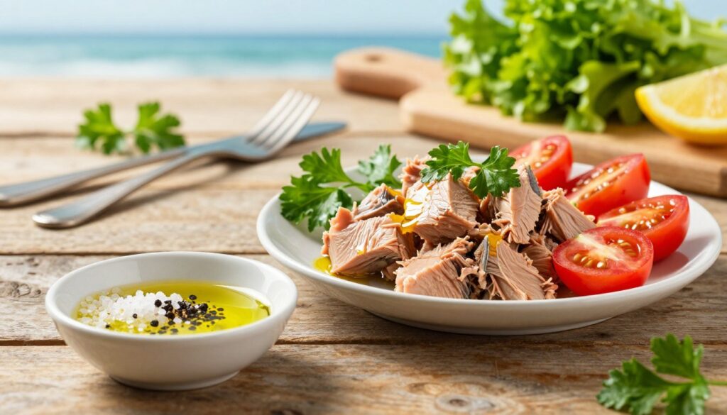 A beautifully arranged plate of seasoned canned tuna, garnished with sprigs of fresh parsley and sliced cherry tomatoes, sits on a rustic wooden table. In the foreground, a small, elegant bowl filled with a mix of sea salt, black pepper, and a drizzle of golden olive oil catches the light, showcasing the textures and glistening oil. The middle ground features nearby utensils and a cutting board with scattered herbs and a lemon wedge, hinting at a culinary experience. Soft, natural lighting filters in from the side, creating a warm and inviting atmosphere. The background is slightly blurred to emphasize the foreground, with hints of vibrant greens from a salad and the ocean in soft focus, enhancing the feel of a coastal kitchen. A beautifully arranged plate of seasoned canned tuna, garnished with sprigs of fresh parsley and sliced cherry tomatoes, sits on a rustic wooden table. In the foreground, a small, elegant bowl filled with a mix of sea salt, black pepper, and a drizzle of golden olive oil catches the light, showcasing the textures and glistening oil. The middle ground features nearby utensils and a cutting board with scattered herbs and a lemon wedge, hinting at a culinary experience. Soft, natural lighting filters in from the side, creating a warm and inviting atmosphere. The background is slightly blurred to emphasize the foreground, with hints of vibrant greens from a salad and the ocean in soft focus, enhancing the feel of a coastal kitchen.