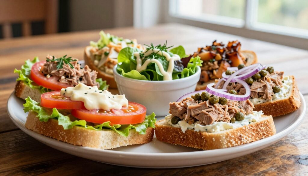 A beautifully arranged plate of tuna sandwiches, featuring several variations to showcase quick and delicious combinations. In the foreground, highlight two vibrant sandwiches: one with fresh lettuce, ripe tomatoes, and a mild mayo dressing, and the other with cream cheese, capers, and thinly sliced red onion. In the middle, include a small bowl of mixed salad greens drizzled with vinaigrette, garnished with herbs. The background softly blurs to reveal a rustic wooden table setting, bathed in natural light streaming in from a nearby window, creating a warm and inviting atmosphere. Capture the scene from a slightly elevated angle to emphasize the textures of the ingredients and the colorful presentation of the food. No text or additional elements should be present. A beautifully arranged plate of tuna sandwiches, featuring several variations to showcase quick and delicious combinations. In the foreground, highlight two vibrant sandwiches: one with fresh lettuce, ripe tomatoes, and a mild mayo dressing, and the other with cream cheese, capers, and thinly sliced red onion. In the middle, include a small bowl of mixed salad greens drizzled with vinaigrette, garnished with herbs. The background softly blurs to reveal a rustic wooden table setting, bathed in natural light streaming in from a nearby window, creating a warm and inviting atmosphere. Capture the scene from a slightly elevated angle to emphasize the textures of the ingredients and the colorful presentation of the food. No text or additional elements should be present.