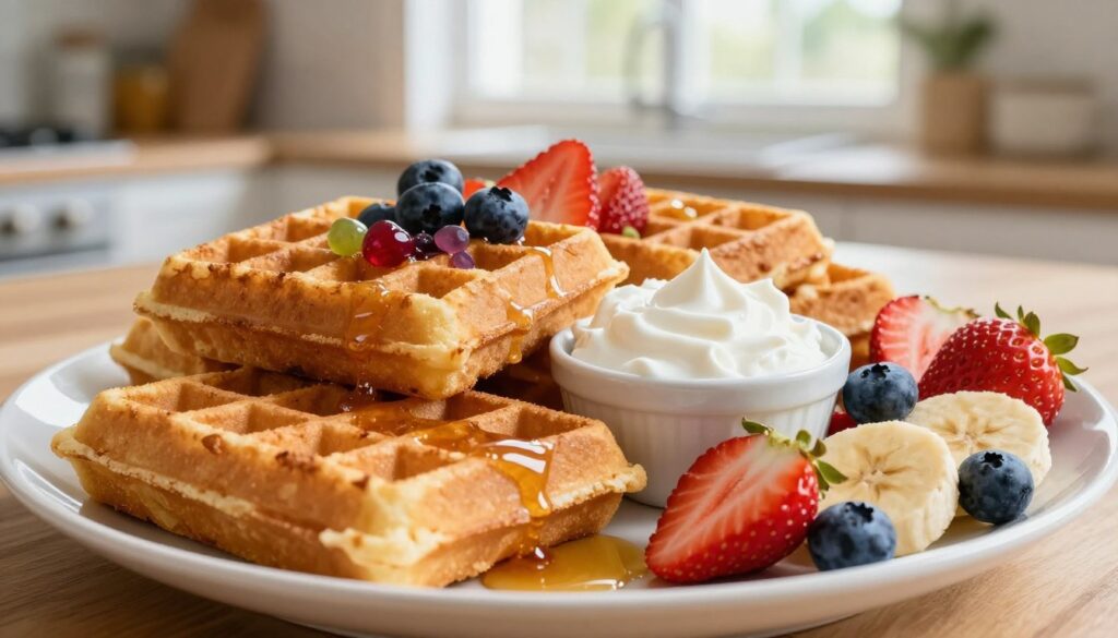A beautifully arranged plate of vegan waffles, stacked high and golden brown, garnished with a variety of colorful toppings. In the foreground, a close-up of the waffles shows their crispy texture and slight sheen. Beside them, a drizzle of maple syrup glistens, and a selection of fresh fruits, including strawberries, blueberries, and banana slices, adds vibrant color. In the middle layer, there’s a small bowl of whipped coconut cream, artistically placed for contrast. The background features a softly blurred cozy kitchen setting, with natural light filtering through a window, creating a warm and inviting atmosphere. Use a shallow depth of field to draw attention to the waffles, evoking a sense of indulgence without sacrificing health. The overall mood is cheerful and appetizing. A beautifully arranged plate of vegan waffles, stacked high and golden brown, garnished with a variety of colorful toppings. In the foreground, a close-up of the waffles shows their crispy texture and slight sheen. Beside them, a drizzle of maple syrup glistens, and a selection of fresh fruits, including strawberries, blueberries, and banana slices, adds vibrant color. In the middle layer, there’s a small bowl of whipped coconut cream, artistically placed for contrast. The background features a softly blurred cozy kitchen setting, with natural light filtering through a window, creating a warm and inviting atmosphere. Use a shallow depth of field to draw attention to the waffles, evoking a sense of indulgence without sacrificing health. The overall mood is cheerful and appetizing.
