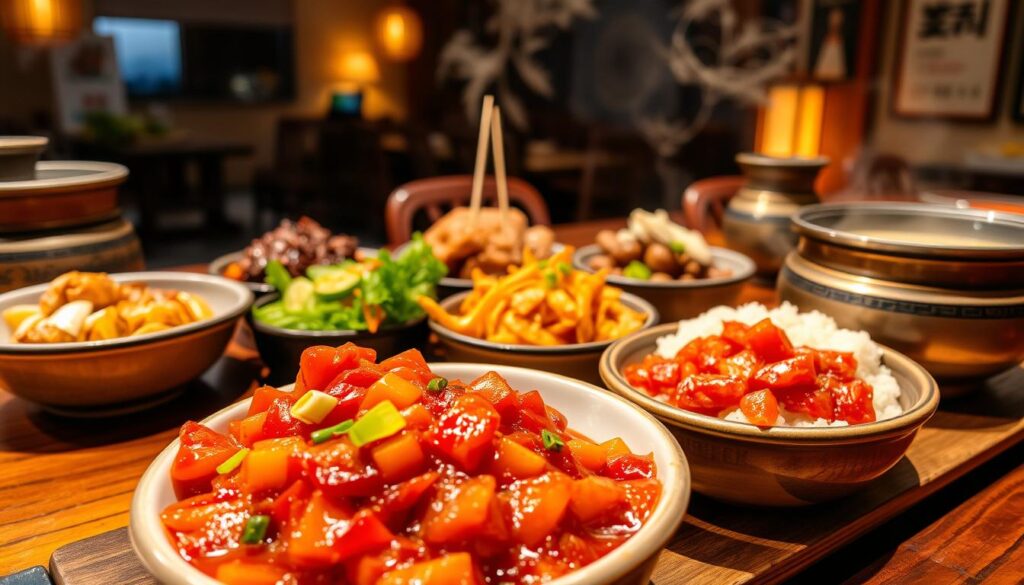 A beautifully arranged plate of vibrant kimchi served with an assortment of complementary dishes. In the foreground, a bowl of spicy kimchi, rich in red chili and garnished with fresh scallions. Beside it, small plates of grilled meat, stir-fried vegetables, and steamed rice create a balanced meal. In the middle ground, a rustic wooden table enhances the homely feel, while a delicate steam rises from a bowl of miso soup, adding warmth. The background features a softly lit Korean dining environment with traditional decor, enhancing the cultural context. The overall atmosphere is inviting and vibrant, simulating a lively dining experience. The lighting is warm and soft, capturing the textures and colors of the food, inviting viewers to savor the flavor at first glance.