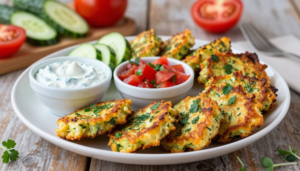 A beautifully arranged plate of zucchini fritters served as a hearty meal, featuring a variety of colorful and appetizing toppings. In the foreground, showcase golden-brown, crispy zucchini fritters garnished with fresh herbs like parsley and dill, next to small bowls filled with vibrant dips: creamy garlic yogurt sauce, tangy tzatziki, and a rich tomato salsa. The background includes a rustic wooden table setting with hints of fresh vegetables, like sliced cucumbers and tomatoes, and a light sprinkle of microgreens. Soft, natural lighting enhances the freshness, while a shallow depth of field creates a warm and inviting atmosphere, allowing the focus to remain on the enticing fritters and their delightful accompaniments.