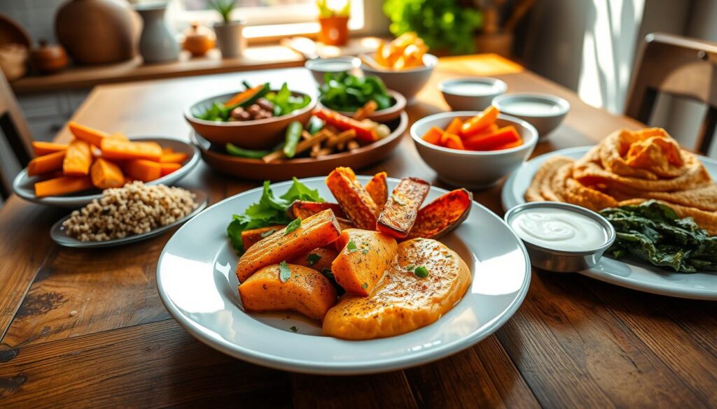 A beautifully arranged plate showcasing different dishes featuring sweet potatoes, including roasted sweet potato wedges, crispy sweet potato fries, and smooth sweet potato purée. The foreground captures a close-up view of these vibrant orange and golden dishes garnished with fresh herbs and spices, accentuating their textures. In the middle ground, a wooden dining table is covered with various complementary side dishes like quinoa salad, sautéed greens, and a light yogurt dip, enhancing the theme of healthy eating. The background features a softly lit kitchen atmosphere, with rustic kitchenware and fresh vegetables, creating a warm, inviting mood. Natural light filters through a nearby window, casting gentle shadows to emphasize the colors and shapes of the food. The image evokes a sense of comfort and appetite, perfect for food enthusiasts. A beautifully arranged plate showcasing different dishes featuring sweet potatoes, including roasted sweet potato wedges, crispy sweet potato fries, and smooth sweet potato purée. The foreground captures a close-up view of these vibrant orange and golden dishes garnished with fresh herbs and spices, accentuating their textures. In the middle ground, a wooden dining table is covered with various complementary side dishes like quinoa salad, sautéed greens, and a light yogurt dip, enhancing the theme of healthy eating. The background features a softly lit kitchen atmosphere, with rustic kitchenware and fresh vegetables, creating a warm, inviting mood. Natural light filters through a nearby window, casting gentle shadows to emphasize the colors and shapes of the food. The image evokes a sense of comfort and appetite, perfect for food enthusiasts.
