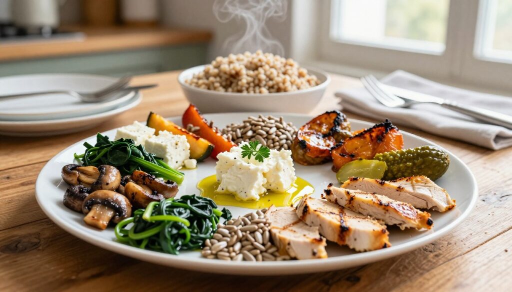 A beautifully arranged plate showcasing fifteen delightful toppings for buckwheat groats, presented artfully on a rustic wooden table. In the foreground, focus on vibrant ingredients such as sautéed mushrooms, sautéed spinach, roasted vegetables, creamy feta cheese, sunflower seeds, aromatic herbs, grilled chicken slices, tangy pickles, and a drizzle of olive oil. In the middle ground, display a steaming bowl of fluffy buckwheat with a backdrop of simple white dishware and elegant cutlery. The background features softly blurred kitchen elements, enhancing the cozy and inviting atmosphere. Natural light filters in from a nearby window, casting a warm glow over the scene, evoking a sense of home-cooked goodness and comfort. The composition captures the essence of a wholesome meal, perfect for lunch or dinner.