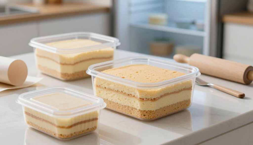 A beautifully arranged scene of frozen sponge cake (biszkopt) being stored in a clear, airtight container, showcasing the layers of the cake. In the foreground, the container is open slightly, revealing the light, fluffy texture of the cake inside. The middle ground highlights a well-organized kitchen countertop with additional baking supplies, such as parchment paper and a rolling pin. In the background, a refrigerator is visible, slightly ajar, with a calming blue light emanating from inside. Soft, natural lighting emphasizes the freshness of the cake while creating gentle shadows that add depth. The overall mood is serene and inviting, conveying the idea of delicious, preserved treats ready for future enjoyment.