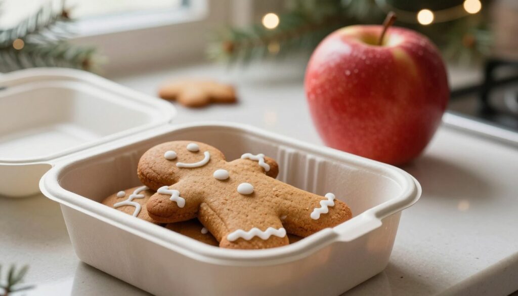 A beautifully arranged scene showcasing a soft gingerbread cookie placed inside an elegant, airtight container. The foreground features a close-up of the gingerbread, displaying its rich, warm color and intricate icing details. To the side, a vibrant red apple adds a pop of color, symbolizing the trick to keeping the gingerbread fresh. In the middle ground, a cozy kitchen countertop with soft, diffused natural light creates a welcoming atmosphere. The background includes hints of holiday decorations, such as pine sprigs and twinkling lights, enhancing the warm, festive mood. The composition emphasizes wholesome, rustic charm, inviting viewers to savor the delights of freshly stored gingerbread. Use a soft focus lens to create a dreamy effect, emphasizing the texture of the gingerbread and apple.