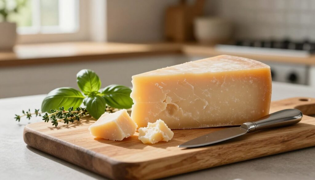A beautifully arranged still-life composition featuring a piece of Parmigiano-Reggiano cheese on a rustic wooden cutting board. In the foreground, the cheese is cut into wedges, showcasing its crumbly texture and rich golden color. A small cheese knife rests beside it. In the middle ground, a few sprigs of fresh herbs like basil and thyme add vibrant green tones. The background features a softly blurred kitchen setting, with warm, natural light filtering through a window, casting gentle shadows. The overall atmosphere is inviting and homey, reflecting a sense of care and quality control in cheese storage. The scene embodies the essence of proper Parmigiano storage with an emphasis on freshness and quality assessment. A beautifully arranged still-life composition featuring a piece of Parmigiano-Reggiano cheese on a rustic wooden cutting board. In the foreground, the cheese is cut into wedges, showcasing its crumbly texture and rich golden color. A small cheese knife rests beside it. In the middle ground, a few sprigs of fresh herbs like basil and thyme add vibrant green tones. The background features a softly blurred kitchen setting, with warm, natural light filtering through a window, casting gentle shadows. The overall atmosphere is inviting and homey, reflecting a sense of care and quality control in cheese storage. The scene embodies the essence of proper Parmigiano storage with an emphasis on freshness and quality assessment.