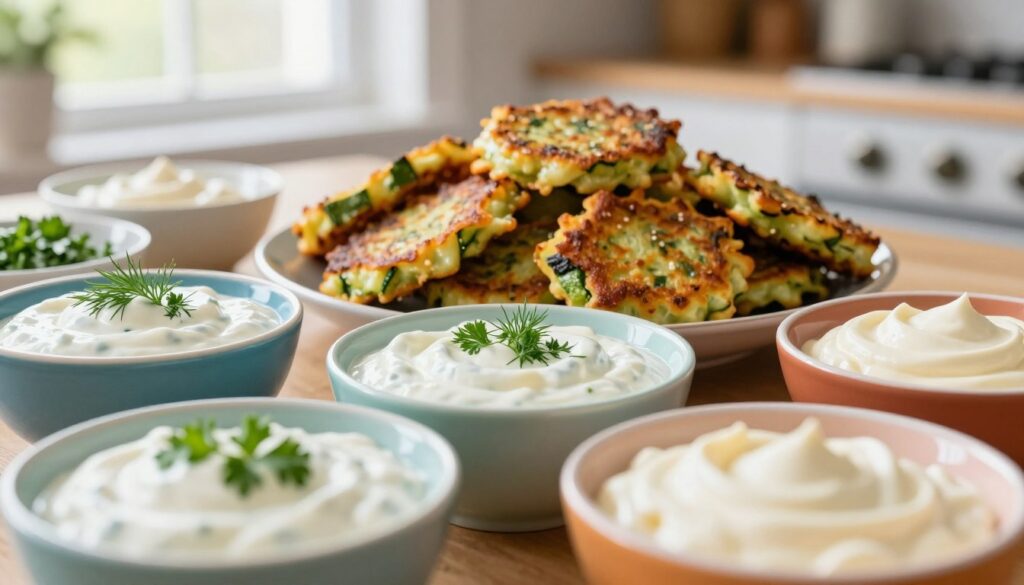 A beautifully arranged table featuring a variety of creamy sauces based on yogurt, sour cream, and mayonnaise, ideal for serving with zucchini fritters. In the foreground, vibrant bowls filled with thick, luscious sauces, garnished with fresh herbs like dill and parsley. The middle layer showcases golden, crispy zucchini fritters, invitingly plated. In the background, a soft-focus kitchen setting with natural light streaming through a window, creating a warm and appetizing atmosphere. The overall mood is cozy and inviting, perfect for a casual meal. Use a close-up angle to emphasize the textures and colors of the sauces, creating a mouth-watering visual. No text or watermarks, strictly SFW.