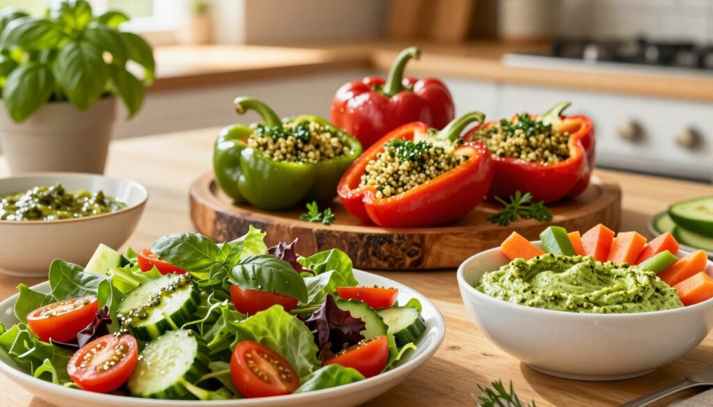 A beautifully arranged table featuring a variety of vibrant salads incorporating basil pesto as a dressing, dip, and filling. In the foreground, a fresh green salad with mixed leafy greens, cherry tomatoes, and cucumbers, drizzled with a glossy pesto dressing. Next to it, a bowl of colorful diced vegetables, like bell peppers and carrots, served with a creamy pesto dip. In the middle ground, a rustic wooden platter showcasing stuffed bell peppers filled with quinoa and pesto, garnished with fresh herbs. The background softly blurs to reveal a sunlit kitchen atmosphere, with potted basil plants and utensils adding context. The lighting is warm and inviting, enhancing the freshness of the ingredients and creating an appetizing atmosphere. The overall mood is vibrant, healthy, and inviting, perfect for a culinary exploration of pesto.