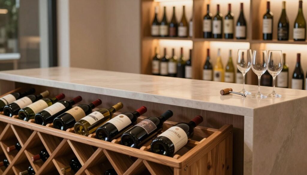 A beautifully organized wine storage area in a modern home. In the foreground, there is an elegant wooden wine rack showcasing a variety of wine bottles, arranged neatly. The middle ground features a stylish countertop with wine accessories like a corkscrew and glassware, reflecting soft light. In the background, there are shelves filled with various wines in uniquely designed bottles, creating a warm ambiance. The room is softly lit with warm lighting, casting gentle shadows and highlighting the textures of the wood and glass. The atmosphere is cozy and inviting, perfect for wine enthusiasts. Capture this scene from a slightly angled perspective to emphasize depth and dimension.