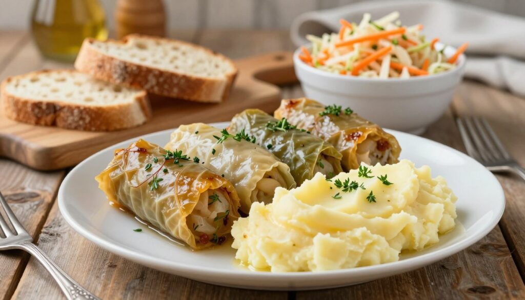 A beautifully plated serving of gołąbki, showcasing the stuffed cabbage rolls, elegantly arranged on a rustic wooden table. In the foreground, place a generous serving of buttery mashed potatoes, garnished with fresh herbs. Next to the gołąbki, add slices of crusty bread, invitingly displayed on a wooden cutting board, and a small bowl of tangy coleslaw, vibrant with shredded carrots and cabbage. In the background, softly blurred, include a culinary setting with warm, natural lighting illuminating the scene, creating a cozy, homely atmosphere. Consider a shallow depth of field to emphasize the dish's textures and colors, highlighting the traditional aspects of Polish cuisine while evoking a sense of comfort and nostalgia. A beautifully plated serving of gołąbki, showcasing the stuffed cabbage rolls, elegantly arranged on a rustic wooden table. In the foreground, place a generous serving of buttery mashed potatoes, garnished with fresh herbs. Next to the gołąbki, add slices of crusty bread, invitingly displayed on a wooden cutting board, and a small bowl of tangy coleslaw, vibrant with shredded carrots and cabbage. In the background, softly blurred, include a culinary setting with warm, natural lighting illuminating the scene, creating a cozy, homely atmosphere. Consider a shallow depth of field to emphasize the dish's textures and colors, highlighting the traditional aspects of Polish cuisine while evoking a sense of comfort and nostalgia.