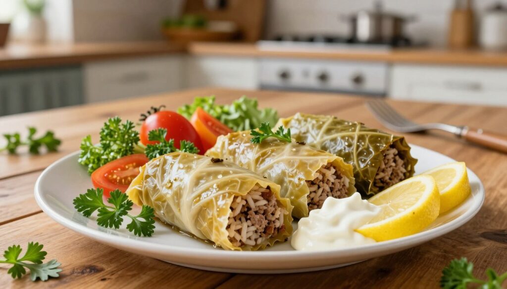 A beautifully presented plate of "gołąbki" (stuffed cabbage rolls) surrounded by vibrant garnishes, showcasing the traditional Polish dish. In the foreground, the gołąbki are neatly arranged, revealing the rich filling of minced meat and rice, wrapped in tender cabbage leaves. Scattered around the dish are fresh herbs, a dollop of creamy sauce, and slices of lemon for a pop of color. In the middle ground, a rustic wooden table sets a warm, inviting tone, while a blurred background features a homey kitchen scene with warm lighting, evoking a cozy atmosphere. Use natural lighting to emphasize the texture of the cabbage and the vibrant colors of the ingredients. Aim for a slightly elevated angle to capture both the dish and the delightful presentation of the garnishes. A beautifully presented plate of "gołąbki" (stuffed cabbage rolls) surrounded by vibrant garnishes, showcasing the traditional Polish dish. In the foreground, the gołąbki are neatly arranged, revealing the rich filling of minced meat and rice, wrapped in tender cabbage leaves. Scattered around the dish are fresh herbs, a dollop of creamy sauce, and slices of lemon for a pop of color. In the middle ground, a rustic wooden table sets a warm, inviting tone, while a blurred background features a homey kitchen scene with warm lighting, evoking a cozy atmosphere. Use natural lighting to emphasize the texture of the cabbage and the vibrant colors of the ingredients. Aim for a slightly elevated angle to capture both the dish and the delightful presentation of the garnishes.