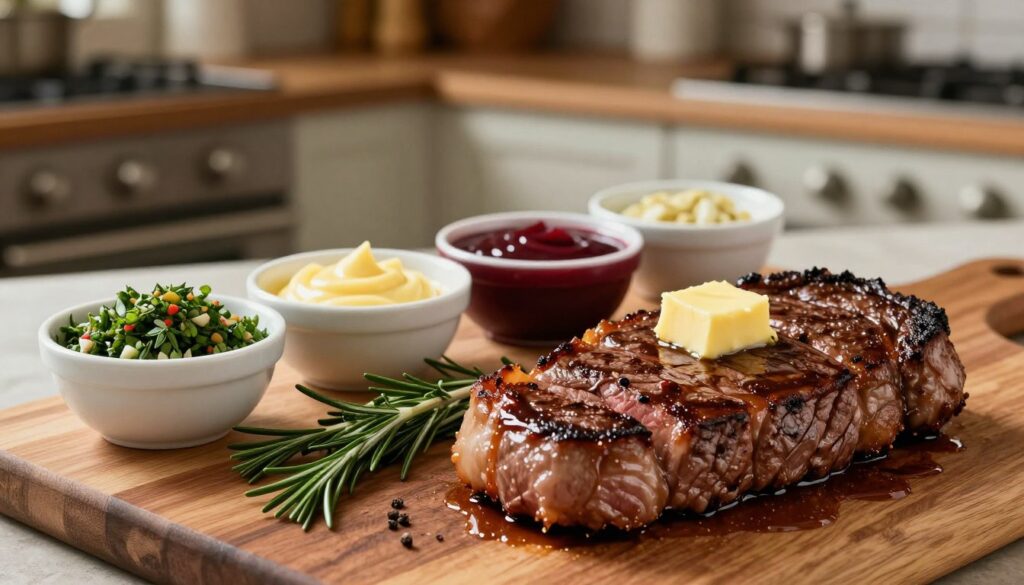 A beautifully styled plate of steak accompanied by an array of rich sauces and herb-infused butter. In the foreground, a perfectly cooked medium-rare steak, glistening with juices, rests on a wooden cutting board. Beside it, small bowls containing vibrant sauces—like chimichurri, red wine reduction, and garlic butter—are artfully arranged. The middle layer features a scattering of fresh herbs, like rosemary and thyme, for an aromatic touch. In the background, a rustic kitchen setting is softly illuminated with warm, natural light, creating an inviting atmosphere. The scene conveys a sense of elegance and indulgence, highlighting the diverse flavors and accompaniments that elevate a steak dish. A beautifully styled plate of steak accompanied by an array of rich sauces and herb-infused butter. In the foreground, a perfectly cooked medium-rare steak, glistening with juices, rests on a wooden cutting board. Beside it, small bowls containing vibrant sauces—like chimichurri, red wine reduction, and garlic butter—are artfully arranged. The middle layer features a scattering of fresh herbs, like rosemary and thyme, for an aromatic touch. In the background, a rustic kitchen setting is softly illuminated with warm, natural light, creating an inviting atmosphere. The scene conveys a sense of elegance and indulgence, highlighting the diverse flavors and accompaniments that elevate a steak dish.