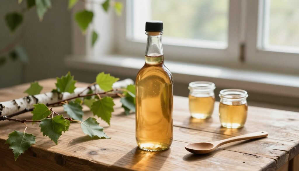A bottle of light golden birch syrup placed on a rustic wooden table, surrounded by fresh birch tree branches with green leaves. In the background, soft sunlight filters through an open window, casting warm glows and shadows, enhancing the natural ambiance. A few small glass jars filled with the syrup are arranged beside the bottle, indicating various uses. A delicate wooden spoon rests on the table, hinting at a tasting experience. The scene is inviting and evokes a sense of warmth and sustainability, emphasizing the concept of preserving nature's bounty. The composition is shot from a slightly elevated angle to capture the textures and colors vividly, creating a serene, homely atmosphere suitable for an article on natural preservation methods.