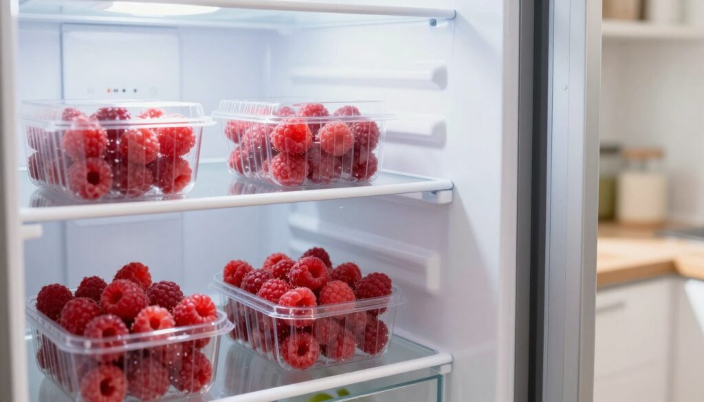 A bright and inviting kitchen scene featuring a neatly organized refrigerator, open to showcase a variety of fresh raspberries stored in clear containers. The foreground highlights the vibrant red berries, glistening with moisture, suggesting they have been freshly washed and dried. In the middle ground, the interior of the refrigerator is well-lit, displaying proper storage techniques, such as breathable coverings and temperature settings, to emphasize longevity. The background includes soft kitchen elements like a countertop with natural light streaming in through a window, creating a warm and pleasant atmosphere. The overall mood conveys freshness and care in food preservation, with a focus on promoting healthy storage practices for raspberries. A bright and inviting kitchen scene featuring a neatly organized refrigerator, open to showcase a variety of fresh raspberries stored in clear containers. The foreground highlights the vibrant red berries, glistening with moisture, suggesting they have been freshly washed and dried. In the middle ground, the interior of the refrigerator is well-lit, displaying proper storage techniques, such as breathable coverings and temperature settings, to emphasize longevity. The background includes soft kitchen elements like a countertop with natural light streaming in through a window, creating a warm and pleasant atmosphere. The overall mood conveys freshness and care in food preservation, with a focus on promoting healthy storage practices for raspberries.