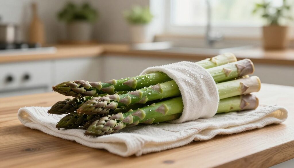 A bunch of fresh, vibrant green asparagus is neatly wrapped in a damp kitchen towel, showcasing a method of storage. The foreground features the asparagus with glistening drops of moisture, highlighting their freshness. In the middle ground, a simple wooden kitchen table adds warmth, with subtle textures of the towel contrasted against the natural asparagus hues. The background is softly blurred, featuring hints of a cozy kitchen setting with pot plants and soft lighting emanating from a window, creating a serene atmosphere. The scene is well-lit, as if captured in early morning light, evoking a feeling of freshness and naturalness. The composition should evoke a sense of care and practical elegance in food storage. A bunch of fresh, vibrant green asparagus is neatly wrapped in a damp kitchen towel, showcasing a method of storage. The foreground features the asparagus with glistening drops of moisture, highlighting their freshness. In the middle ground, a simple wooden kitchen table adds warmth, with subtle textures of the towel contrasted against the natural asparagus hues. The background is softly blurred, featuring hints of a cozy kitchen setting with pot plants and soft lighting emanating from a window, creating a serene atmosphere. The scene is well-lit, as if captured in early morning light, evoking a feeling of freshness and naturalness. The composition should evoke a sense of care and practical elegance in food storage.