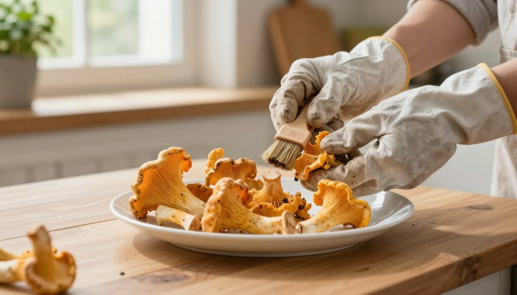 A clean, wooden kitchen table serves as the foreground, where a pristine white dish holds freshly picked, vibrant chanterelle mushrooms (czyszczenie kani). The mushrooms are arranged artistically, showcasing their textured caps in shades of orange and yellow. In the middle ground, a pair of hands, clad in simple, modest kitchen gloves, are delicately brushing off dirt from the mushrooms with a small brush. Behind them, soft, natural light filters through a nearby window, casting gentle shadows and creating a warm, inviting atmosphere. The background features blurred kitchen utensils and a hint of greenery from potted herbs, enhancing the overall rustic charm of the scene. The composition conveys a sense of care and attention to detail, perfect for illustrating the process of cleaning mushrooms before storage. A clean, wooden kitchen table serves as the foreground, where a pristine white dish holds freshly picked, vibrant chanterelle mushrooms (czyszczenie kani). The mushrooms are arranged artistically, showcasing their textured caps in shades of orange and yellow. In the middle ground, a pair of hands, clad in simple, modest kitchen gloves, are delicately brushing off dirt from the mushrooms with a small brush. Behind them, soft, natural light filters through a nearby window, casting gentle shadows and creating a warm, inviting atmosphere. The background features blurred kitchen utensils and a hint of greenery from potted herbs, enhancing the overall rustic charm of the scene. The composition conveys a sense of care and attention to detail, perfect for illustrating the process of cleaning mushrooms before storage.