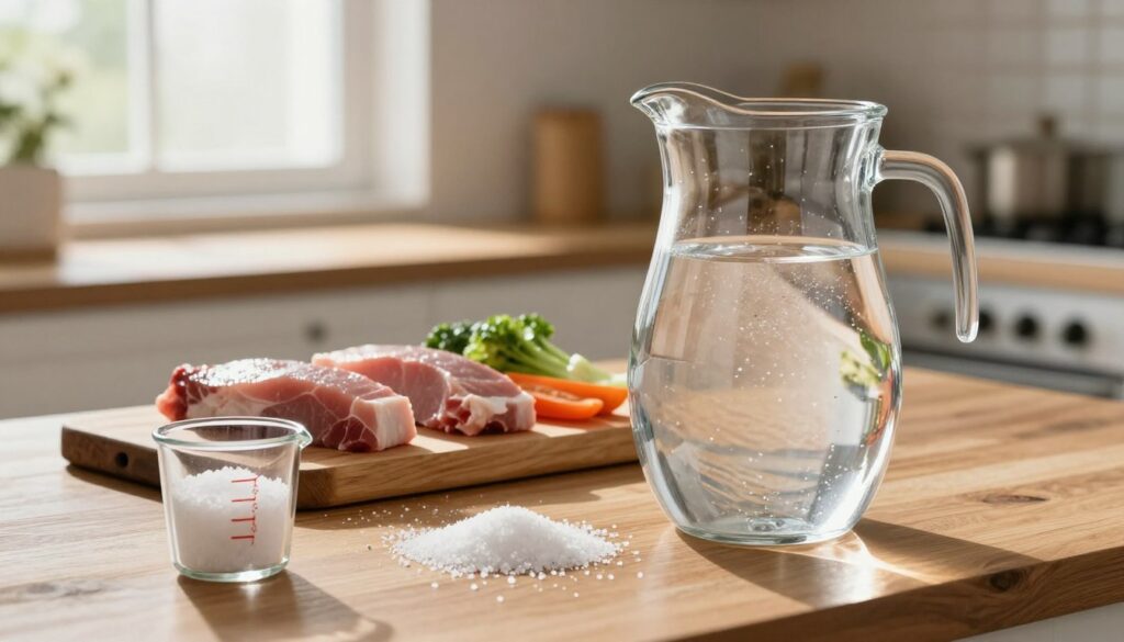 A clear and fresh liter of water sits in a modern, transparent glass pitcher on a wooden kitchen countertop. The pitcher is filled with sparkling, pure water that reflects the light cascading through a nearby window. In the foreground, there is a measuring cup filled with coarse sea salt, symbolizing the addition of salt for brining. In the middle ground, a sprinkle of salt grains creates a scattering effect, showing the balance of proportions with an artfully arranged trio of raw meat, fish, and vegetables displayed on a rustic cutting board. The background softly blurs the kitchen setting, illuminated with warm sunlight, creating a cozy and inviting atmosphere, while still maintaining focus on the subject of the image.