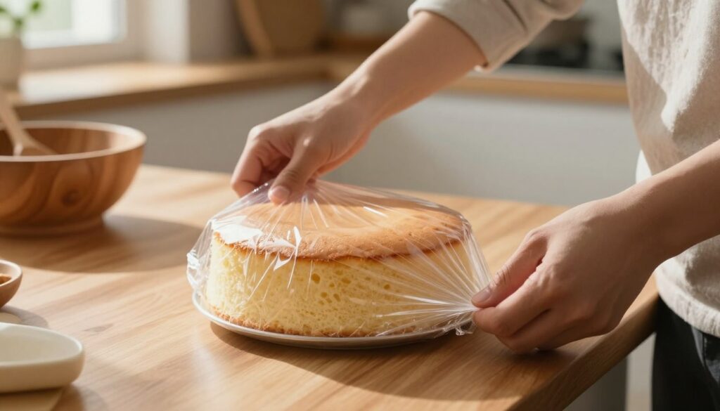 A clear, close-up view of a fresh sponge cake being tightly wrapped in transparent plastic wrap on a wooden kitchen countertop. The focus is on the hands of a person, casually dressed in a modest shirt, skillfully encasing the cake to preserve its moisture. The background features a softly lit kitchen setting with warm, inviting tones, including a wooden bowl and a few kitchen utensils partially visible. Soft natural light streams in through a window, casting gentle shadows that enhance the cozy atmosphere. The texture of the plastic wrap should be evident, emphasizing the act of sealing the cake to protect its freshness.