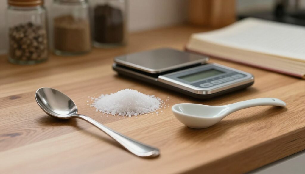 A close-up composition of various teaspoons laid out on a smooth wooden kitchen counter, showcasing the differences in size and shape. In the foreground, a shiny stainless steel teaspoon and a ceramic teaspoon are positioned side by side, highlighting subtle variations in volume. In the middle, a small pile of coarse salt and fine salt is measured out on a digital kitchen scale, providing a visual context for weighing. The background features softly blurred kitchen elements like spice jars and a well-used cookbook, enhancing the culinary atmosphere. The light is warm and natural, suggesting a cozy kitchen environment. The overall mood is informative and inviting, perfect for illustrating common measurement discrepancies. A close-up composition of various teaspoons laid out on a smooth wooden kitchen counter, showcasing the differences in size and shape. In the foreground, a shiny stainless steel teaspoon and a ceramic teaspoon are positioned side by side, highlighting subtle variations in volume. In the middle, a small pile of coarse salt and fine salt is measured out on a digital kitchen scale, providing a visual context for weighing. The background features softly blurred kitchen elements like spice jars and a well-used cookbook, enhancing the culinary atmosphere. The light is warm and natural, suggesting a cozy kitchen environment. The overall mood is informative and inviting, perfect for illustrating common measurement discrepancies.