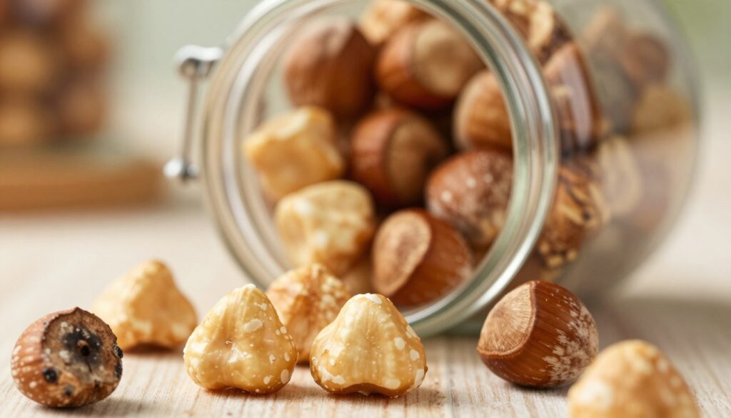 A close-up image of a small, open jar of hazelnuts, showcasing both raw and roasted varieties, with emphasis on their differing appearances. In the foreground, the raw hazelnuts display a glossy, unblemished surface, while the roasted ones are slightly darker and have a crispy texture. Scattered around the jar are a few hazelnuts with visible signs of spoilage, such as dark spots and mold, to illustrate deterioration. The background features a soft, blurred kitchen setting with warm lighting, creating a cozy atmosphere. Use a shallow depth of field to focus on the nuts in the jar, with soft bokeh effects around the edges, enhancing the organic feel while subtly hinting at the importance of proper nut storage.