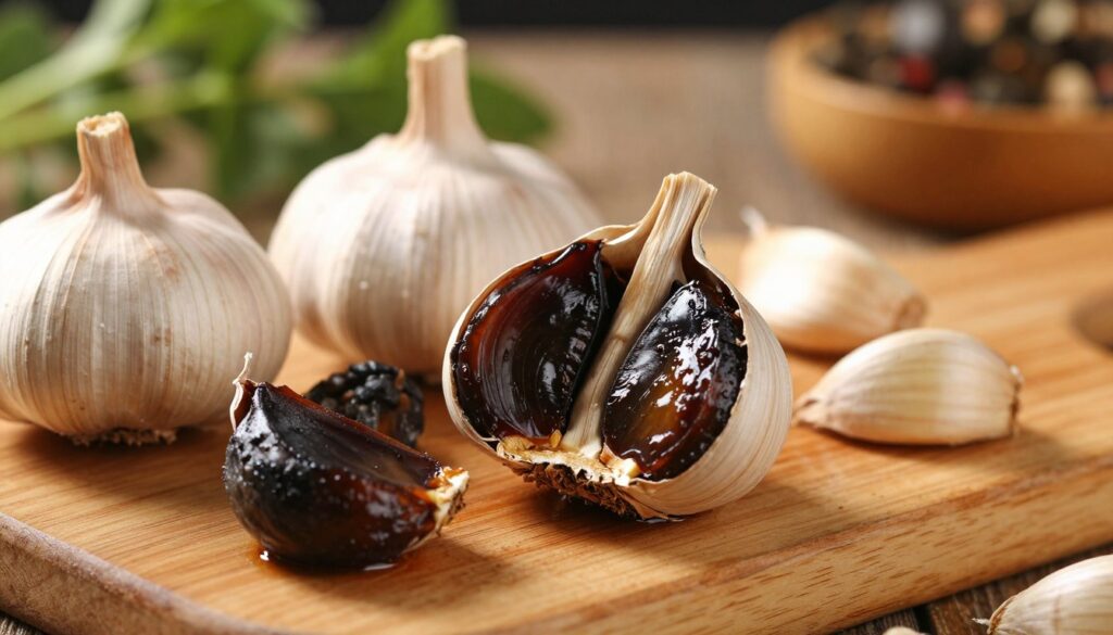 A close-up of black garlic cloves, showcasing their glossy, dark, almost caramel-like texture. The foreground features several whole bulbs of black garlic, slightly cracked to reveal the rich, umami-scented cloves inside. In the middle ground, a rustic wooden cutting board enhances the natural feel, with a few scattered garlic cloves around. The background is softly blurred, possibly featuring a kitchen setting with herbs and spices to suggest culinary use without drawing focus. Warm, natural lighting highlights the glossy surface of the cloves, creating a cozy and inviting atmosphere that emphasizes the savoriness of black garlic. The lens captures the scene at a slight angle to add depth and interest, evoking a sense of warmth and gourmet cooking.