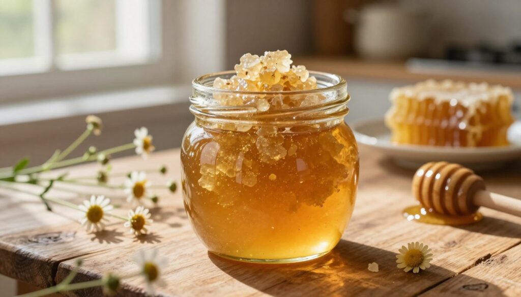 A close-up of crystallized honey in a glass jar, showcasing its textured, golden crystals. The jar is placed on a rustic wooden table, surrounded by delicate wildflowers and honey dipper. Soft, warm natural light filters through a nearby window, casting gentle shadows and highlighting the honey's shimmering surface. In the background, a blurred kitchen scene includes a small pot and a honeycomb, suggesting the process of honey storage and its natural origins. The atmosphere is calm and inviting, evoking a sense of warmth and comfort associated with homemade preserves. The image should be well-composed, focusing on the details of the crystallized texture and the surrounding elements.