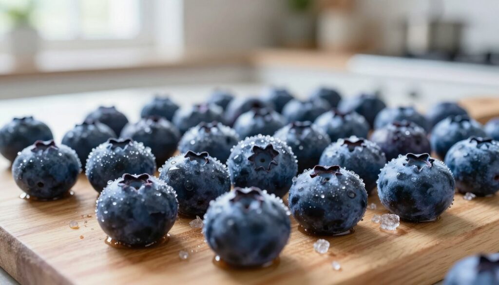 A close-up of fresh blueberries being carefully arranged on a wooden board, with a frosty backdrop suggesting freezing conditions. In the foreground, plump, vibrant blueberries glisten with condensation, showcasing their rich blue and purple hues. In the middle ground, the blueberries are surrounded by small ice crystals, emphasizing the freezing technique. The background fades into a soft blur of a kitchen setting, subtly illuminated by natural light streaming through a window, creating a calm, inviting atmosphere. The scene captures the essence of preserving seasonal flavors, evoking a sense of freshness and anticipation, perfect for illustrating the steps of freezing blueberries.