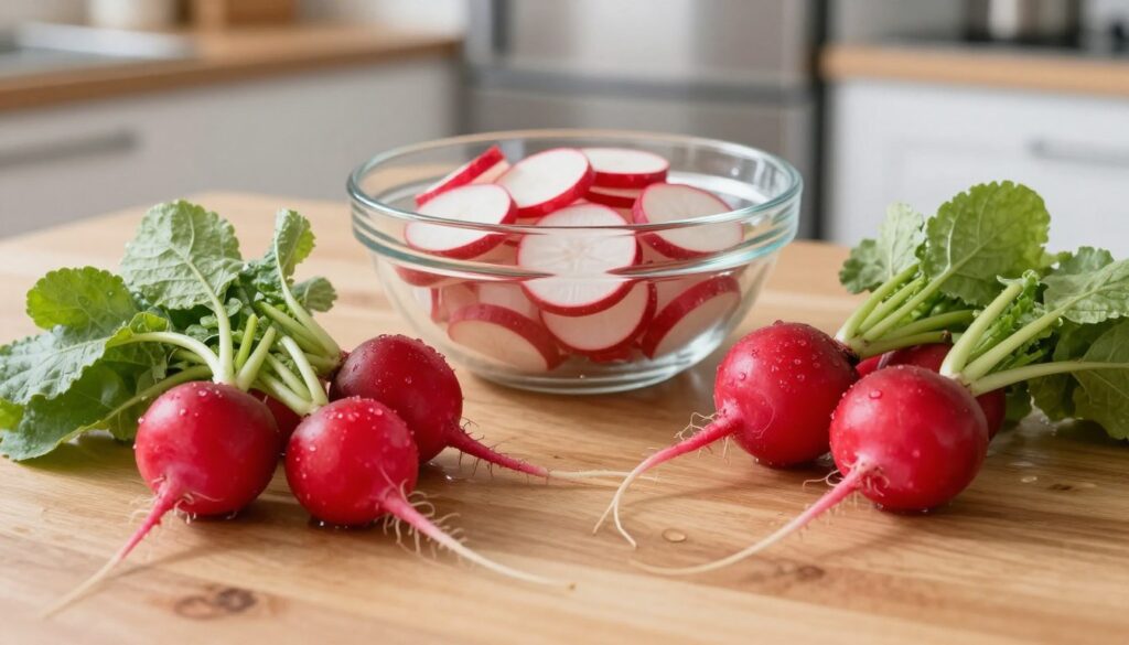 A close-up of freshly harvested radishes ready for freezing, arranged artistically on a clean wooden kitchen table. In the foreground, showcase vibrant red radishes with crisp green leaves, glistening with water droplets as if freshly washed. In the middle ground, display a clear glass bowl filled with sliced radishes, illustrating the preparation process for freezing. The background should softly fade, hinting at a well-organized kitchen with a refrigerator slightly ajar, emphasizing a cool atmosphere. Use warm, natural lighting to bring out the freshness of the radishes, while capturing a slightly blurred depth of field to keep the focus on the vibrant colors and textures. The mood is fresh, inviting, and practical, ideal for showcasing food preservation techniques.