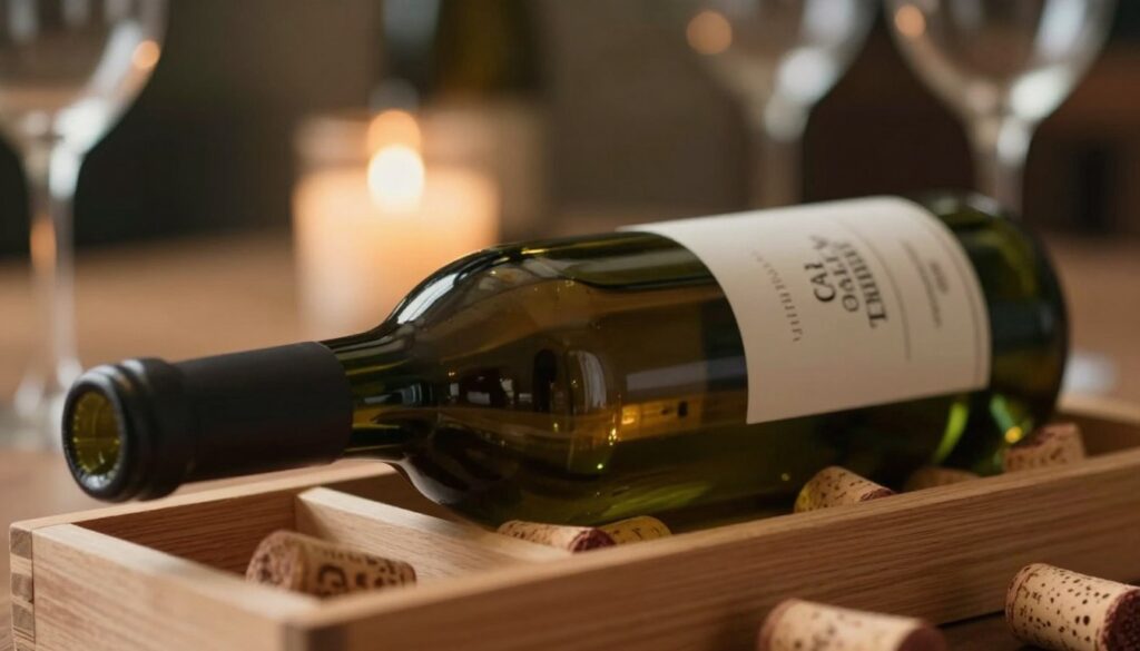 A close-up shot of a bottle of wine in a horizontal position, resting on a wooden wine rack. The bottle, elegantly shaped and dark green in color, reflects soft ambient light that highlights its curves and the label. Surrounding the bottle are subtle hints of cork pieces scattered nearby, emphasizing the theme of cork handling and wine preservation. In the background, there are blurred images of wine glasses and a softly glowing light source, creating a warm, inviting atmosphere that suggests comfort and luxury. The scene should evoke a sense of tranquility and sophistication, perfect for illustrating wine storage practices. A shallow depth of field should be applied to keep the focus on the bottle and cork while softly blurring the background elements.