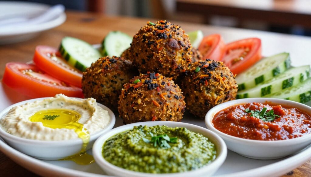 A close-up shot of a vibrant plate featuring falafel balls complemented by an array of exquisite dips and sauces. In the foreground, showcase a tangy tahini sauce with a drizzle of olive oil, a rich green herb sauce, and a spicy red sauce, all beautifully garnished with fresh herbs. The middle layer includes a plate of crispy falafel, perfectly golden, surrounded by fresh vegetables like sliced cucumbers and tomatoes. In the background, softly blurred, introduce a rustic wooden table with a warm, inviting ambiance, illuminated by soft, natural light. Capture the essence of a cozy Middle Eastern dining experience, emphasizing textures and colors to create an appetizing and inviting atmosphere. A close-up shot of a vibrant plate featuring falafel balls complemented by an array of exquisite dips and sauces. In the foreground, showcase a tangy tahini sauce with a drizzle of olive oil, a rich green herb sauce, and a spicy red sauce, all beautifully garnished with fresh herbs. The middle layer includes a plate of crispy falafel, perfectly golden, surrounded by fresh vegetables like sliced cucumbers and tomatoes. In the background, softly blurred, introduce a rustic wooden table with a warm, inviting ambiance, illuminated by soft, natural light. Capture the essence of a cozy Middle Eastern dining experience, emphasizing textures and colors to create an appetizing and inviting atmosphere.