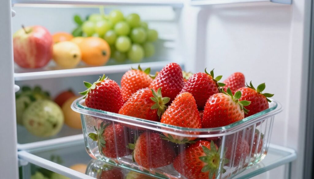A close-up shot of fresh, vibrant strawberries stored in a clear glass container inside an organized refrigerator. The strawberries are all intact, showcasing their bright red color and green leaves, a few drops of condensation glistening on their surface. In the background, the refrigerator shelves are filled with neatly arranged fruits and vegetables, casting a soft, inviting glow. Natural light filters through the fridge, highlighting the freshness of the strawberries. The overall atmosphere is crisp and cool, evoking a sense of preservation and freshness. Capture this scene from a slightly angled perspective to add depth, with a focus on the strawberries emphasizing their juiciness and allure.