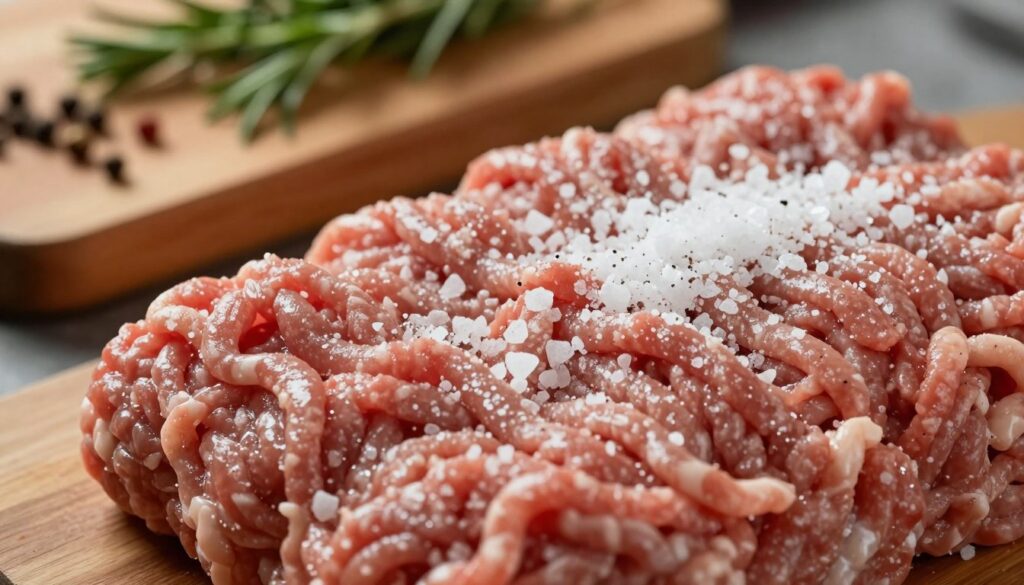 A close-up shot of raw minced meat prepared for making meatballs and burgers, focused on a pile of ground meat with a sprinkling of coarse salt prominently featured on top, glistening under soft, diffused light. In the background, a rustic wooden cutting board is partially visible, along with fresh herbs and spices arranged neatly, hinting at the cooking process. The ambiance is warm and inviting, evoking a cozy kitchen atmosphere. The camera angle is slightly tilted to capture the textures of the meat and salt, emphasizing the importance of seasoning in meat preparation. The image portrays a sense of craftsmanship and care in cooking, suitable for illustrating culinary discussions about meat seasoning proportions.