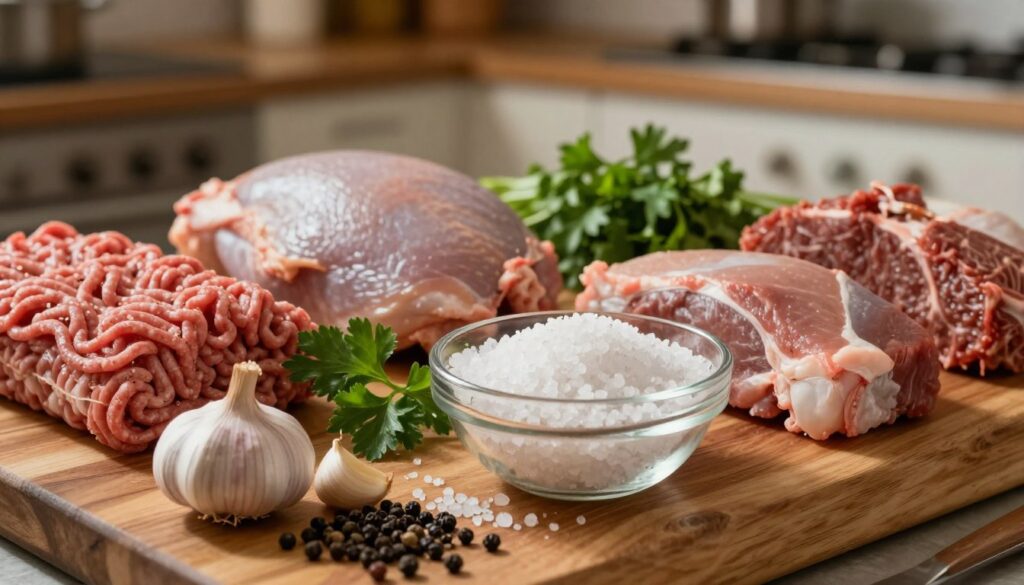 A close-up view of a beautifully arranged display of various types of meat prepared for seasoning, with a crystal bowl of coarse sea salt prominently featured in the foreground. The different meats include ground beef, turkey, and pork, all shown on a rustic wooden cutting board. In the middle ground, a selection of fresh herbs and spices such as black pepper, garlic, and parsley add vibrant colors and textures. The background is softly blurred, highlighting a cozy kitchen setting with warm, ambient lighting, creating a homey atmosphere. The angle is slightly tilted, emphasizing the textures of the meat and salt, inviting viewers to consider the seasoning process in meat preparation.