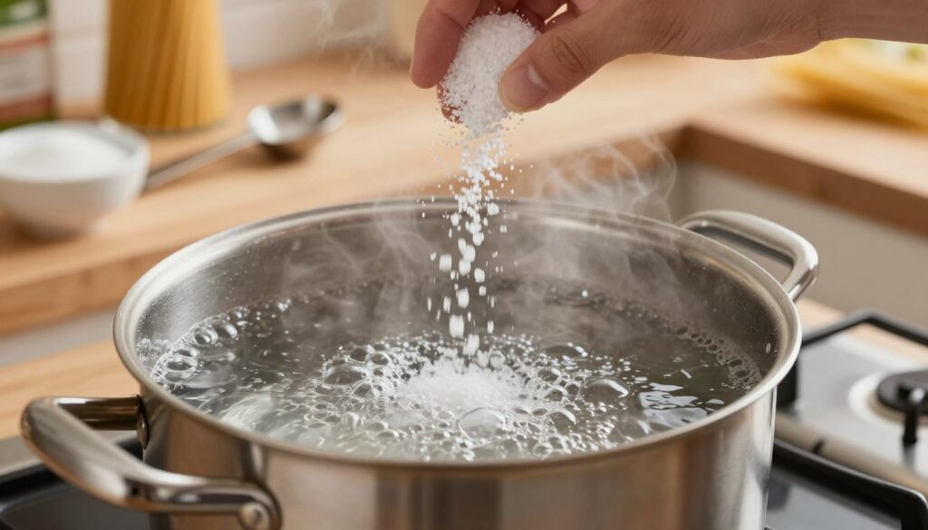 A close-up view of a large pot of boiling water on a stovetop, with a generous pinch of salt being sprinkled into the water. In the foreground, focus on the salt pouring, capturing the grains in mid-air, glistening with light. The middle ground features the bubbling water, with steam rising and reflecting soft kitchen light, creating a warm atmosphere. In the background, a wooden kitchen counter holds a box of pasta, a measuring spoon, and a small bowl of salt, adding context to the cooking process. The lighting is bright and inviting, reminiscent of a cozy kitchen, while the angle is slightly tilted down to emphasize the action of salting the water. The scene conveys a sense of warmth and culinary enjoyment, perfect for illustrating the importance of seasoning pasta water.