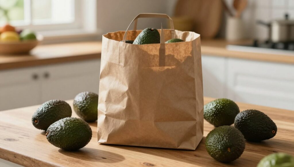 A close-up view of a simple, elegant brown paper bag sat on a rustic wooden kitchen table, surrounded by fresh, unripe avocados. The bag is slightly open, revealing hints of the avocados inside, emphasizing the process of storage. Soft, warm natural light filters through a nearby window, casting gentle shadows and creating a cozy atmosphere. In the background, subtle hints of a kitchen setting, including fruit bowls and wooden utensils, enhance the homey feel. The focus is sharp on the bag and avocados, while the background remains softly blurred, emphasizing the subject without distraction. The mood is calm and inviting, portraying the idea of nurturing and proper storage for avocados to ripen perfectly.