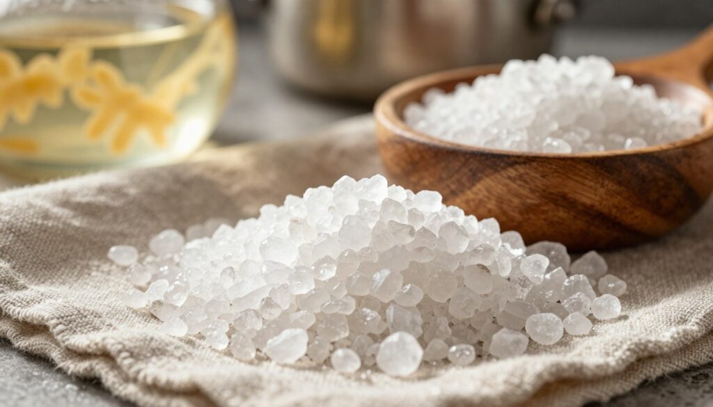 A close-up view of coarse rock salt crystals, also known as "sól kamienna," showcasing its natural, irregular shapes and textures. The foreground features a small mound of crystals, glistening under warm, natural sunlight that highlights the translucence of the salt. In the middle ground, a rustic wooden bowl partially filled with salt sits on a textured linen cloth, emphasizing a cooking context. In the background, a softly blurred kitchen setting reveals pots and a hint of boiling water, suggesting the preparation of pasta. The overall mood is warm and inviting, with a sense of culinary craftsmanship. The image should be brightly lit and focus on the intricate details of the salt crystals to convey quality and authenticity, with a shallow depth of field for artistic effect.