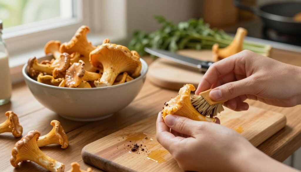 A close-up view of freshly harvested chanterelle mushrooms being cleaned on a rustic wooden kitchen table. The foreground features hands gently brushing off dirt from the delicate, golden-hued mushrooms using a soft brush. In the middle ground, there is a bowl filled with clean chanterelles, glistening with moisture, alongside a knife and a small cutting board. The background shows blurred kitchen elements, such as herbs and cooking utensils, creating a cozy atmosphere. The lighting is soft and warm, emulating natural sunlight streaming through a window, enhancing the rich colors and textures of the mushrooms. The mood is inviting and tranquil, capturing the essence of mindful preparation and care in cooking.